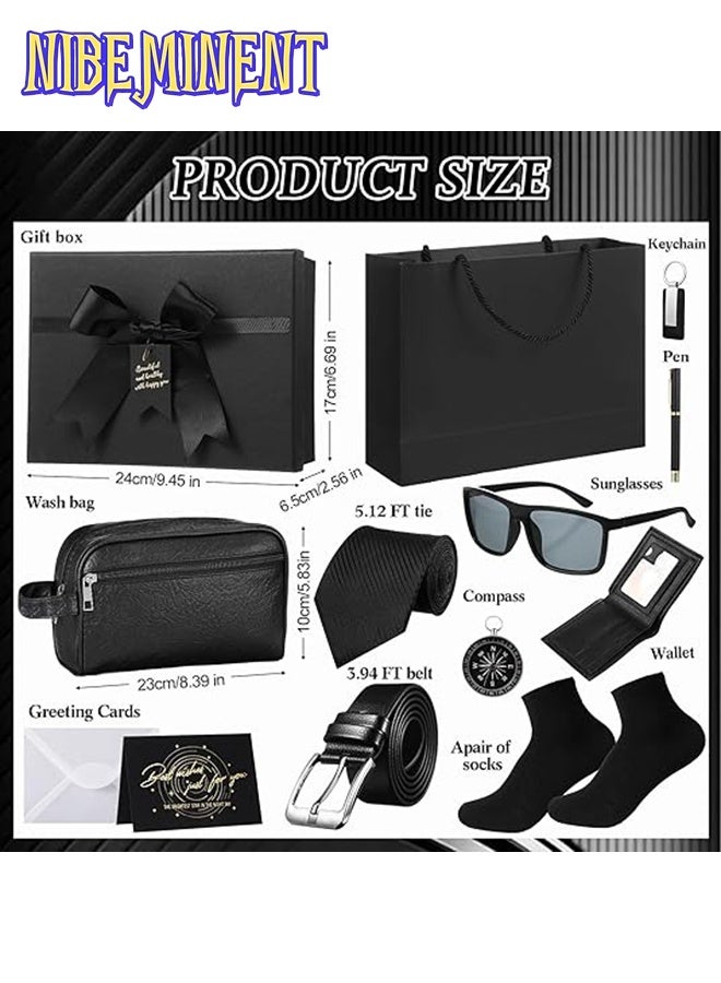 NIBEMINENT طقم هدايا عيد ميلاد للرجال مكون من 12 قطعة مع صندوق للرجال والآباء - محفظة من جلد PU، حقيبة أدوات جلدية، ربطة عنق، جورب، حزام، سلسلة مفاتيح، نظارات شمسية، قلم - Image 2